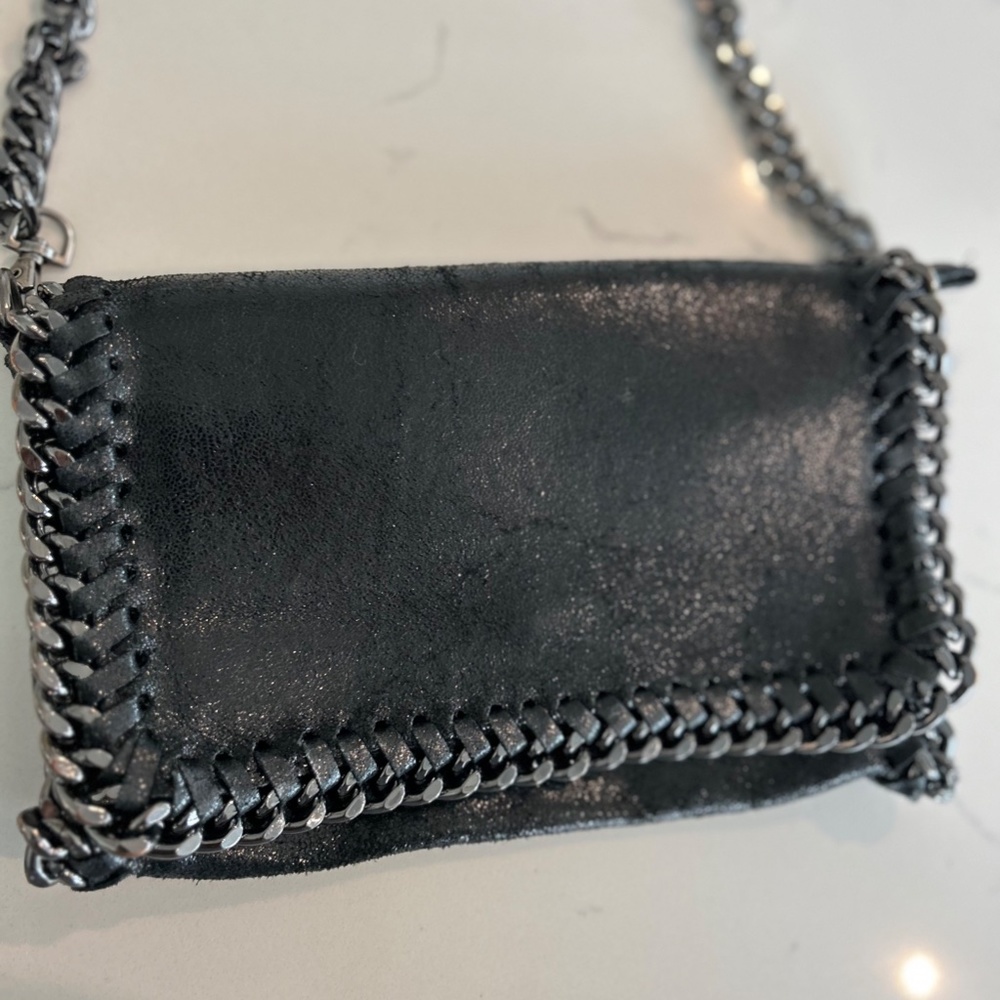 Faux Stella Mccartney Falabella Crossbody Shoulder Bag Shiny Black Silver Chain